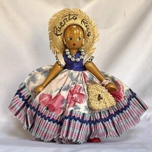 Vintage Wooden Souvenir Doll Handmade Puerto Rico Folk Art Straw Hat 1950s